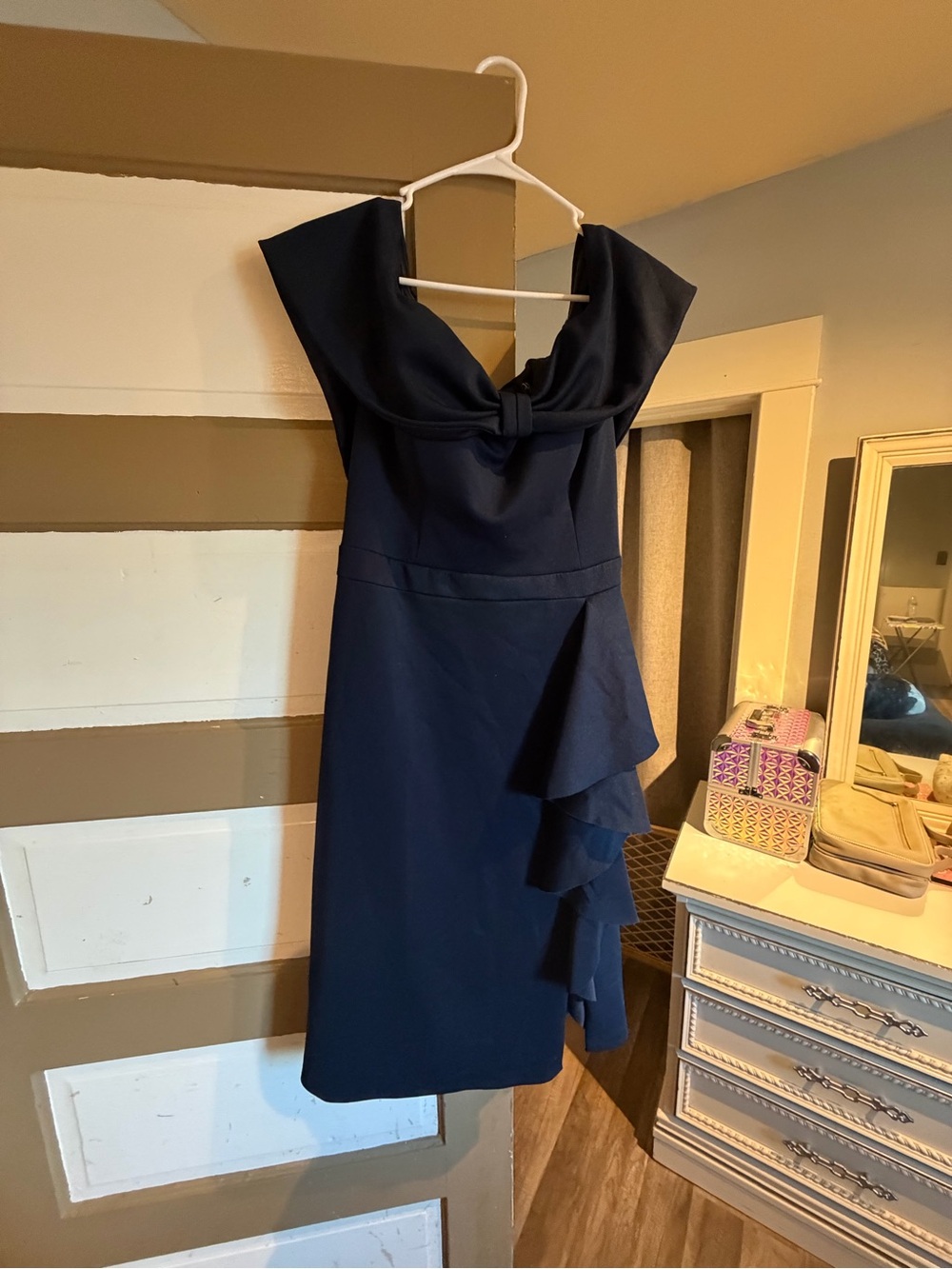 Xscape Navy Strapless Cocktail Dress with Knot Front and Ruffle Cascade